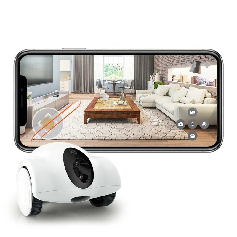 Smart pet camera robot with mobile app showing remote home monitoring and camera controls