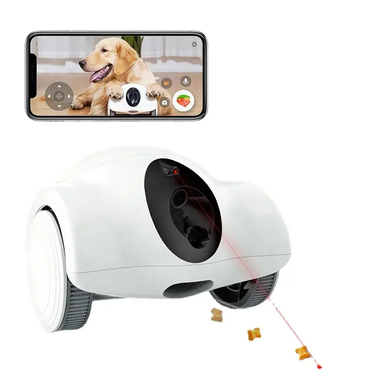 Smart pet camera robot with mobile app controls, treat dispensing and laser play features for dogs
