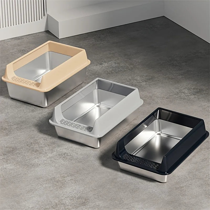 Stainless steel cat litter boxes with beige, grey and black high-sided frames and low front entry