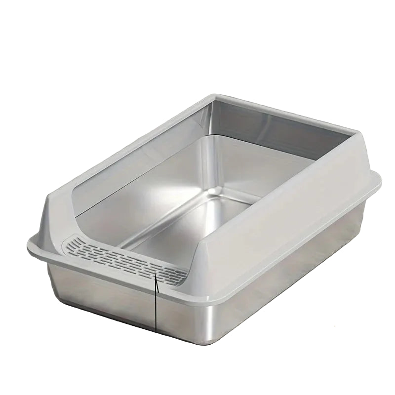 Stainless steel cat litter box with high sides and a low front entry for easy access