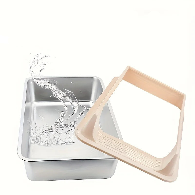 Stainless steel cat litter box with removable high-sided frame and easy-clean metal tray