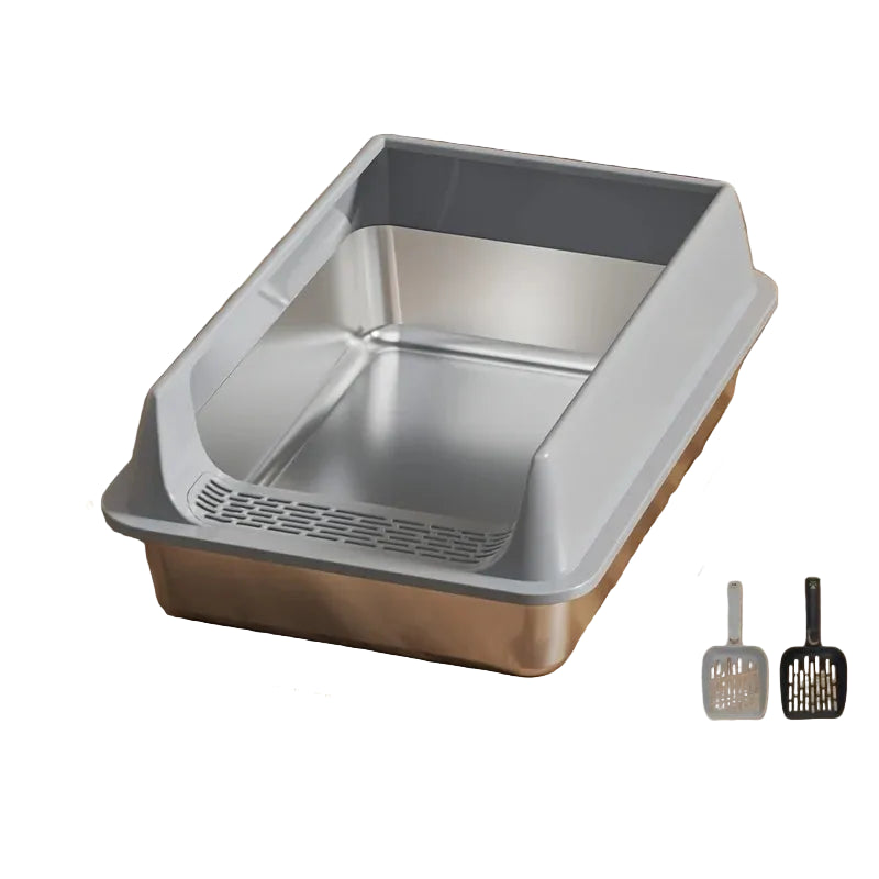 Stainless steel cat litter box with high sides, low front entry and two litter scoops