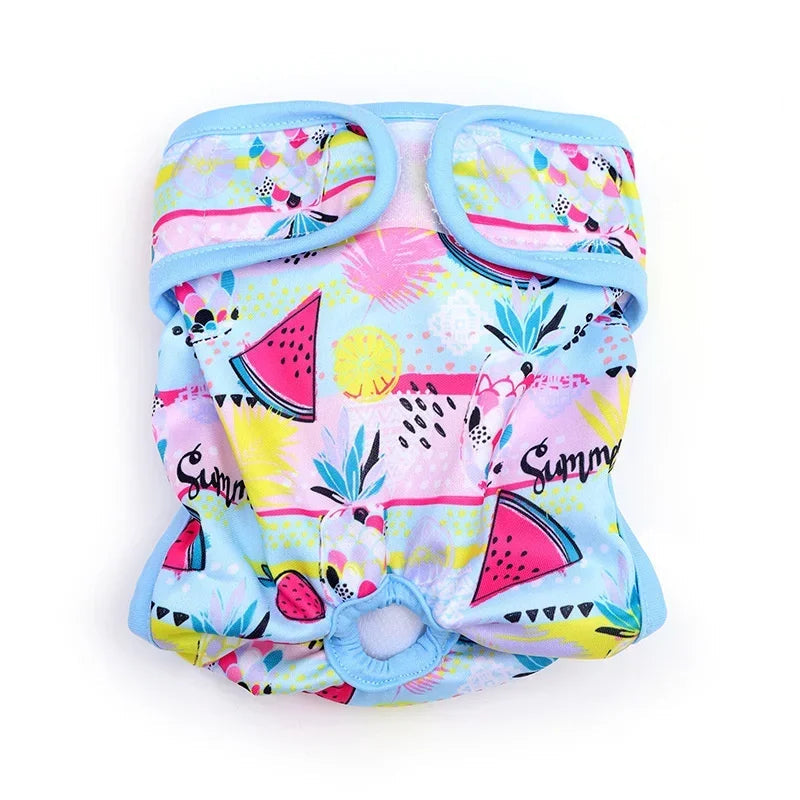 Reusable female dog diaper with colourful summer fruit print, tail hole and adjustable hook-and-loop fastening