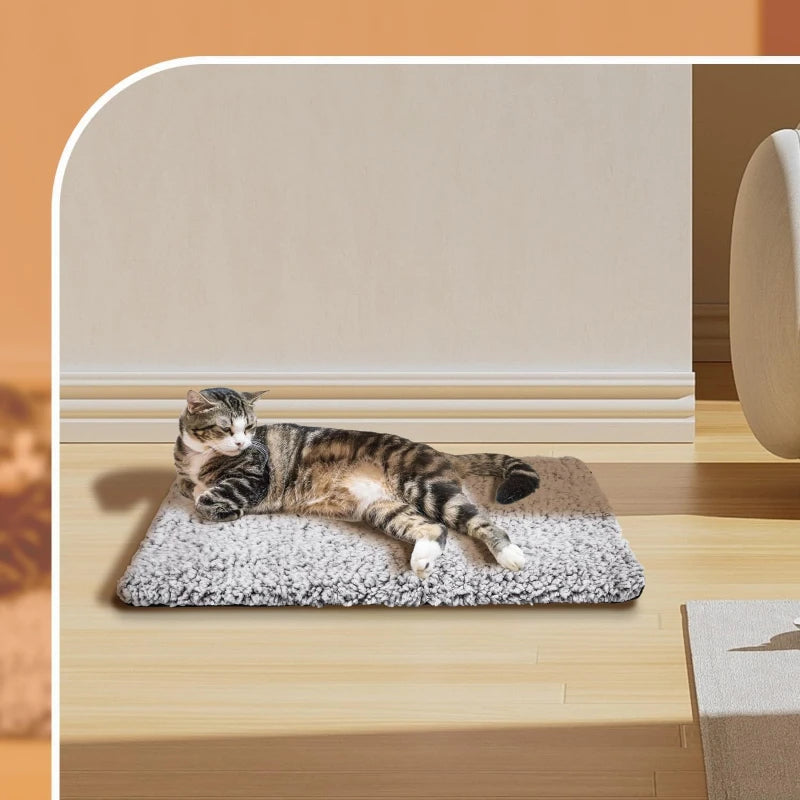 Tabby cat resting on a grey self-warming pet mat on a wooden floor