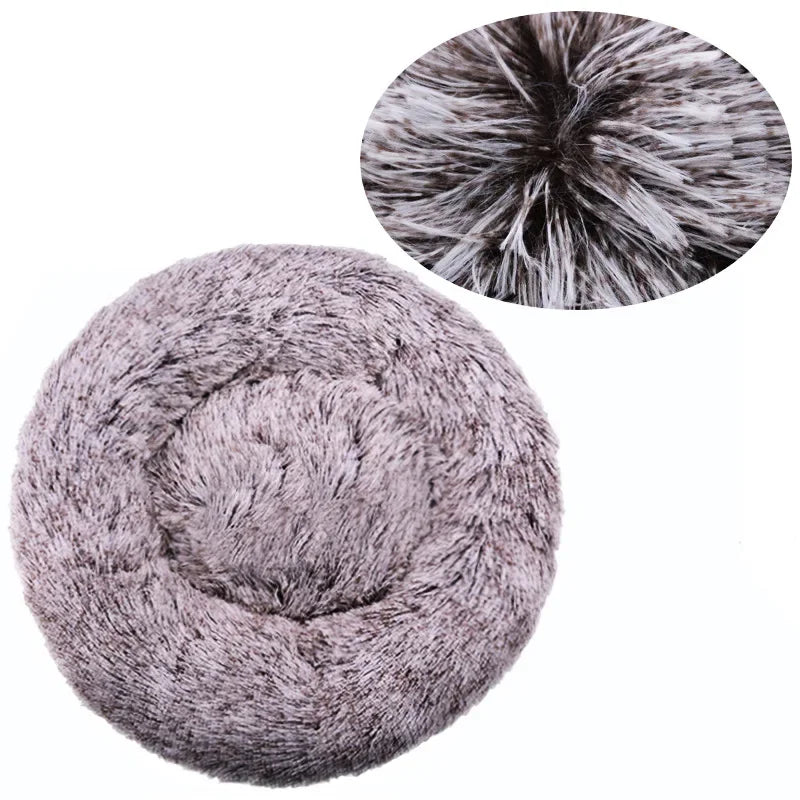 Taupe round plush donut pet bed with soft faux fur and raised cushioned sides for cats and small dogs