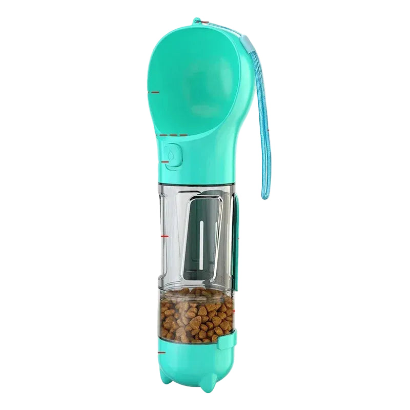 Turquoise portable dog water bottle with built-in drinking bowl, clear reservoir and dry pet food storage compartment