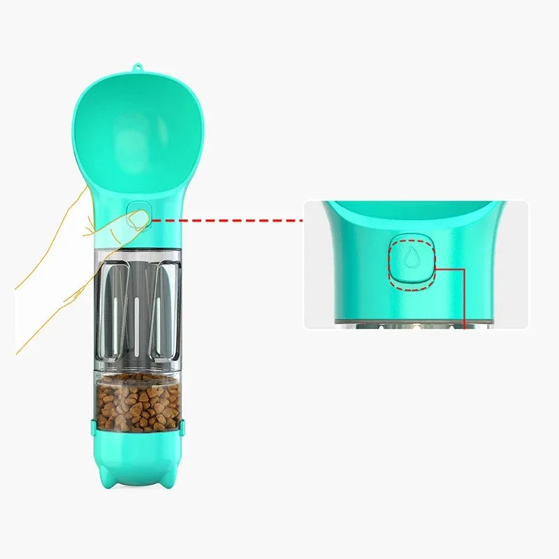 Turquoise portable dog water and food dispenser showing the one-touch water release button and dry food storage compartment