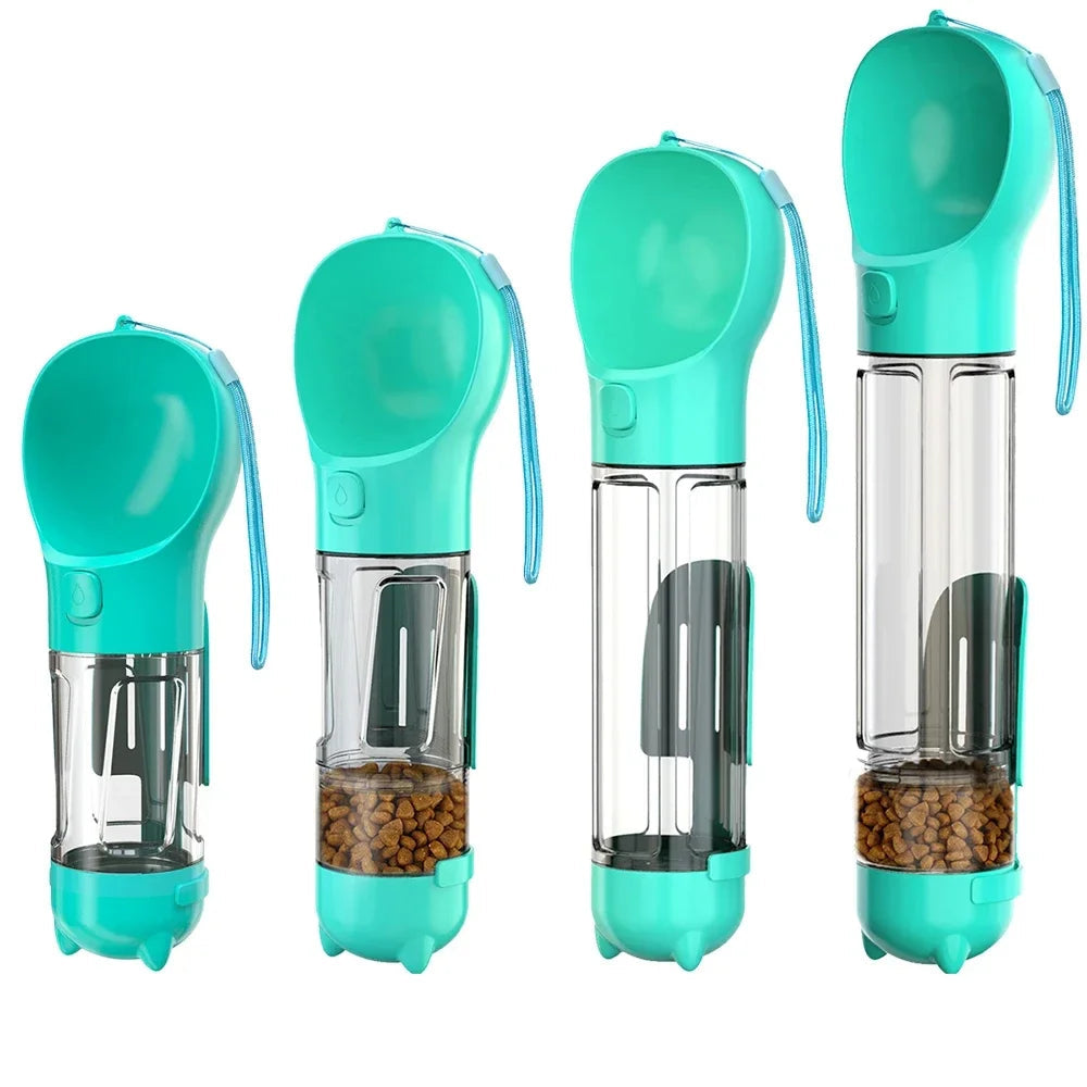 Turquoise portable dog water and food dispenser shown in multiple views with built-in drinking bowl, clear storage chamber and dry food compartment