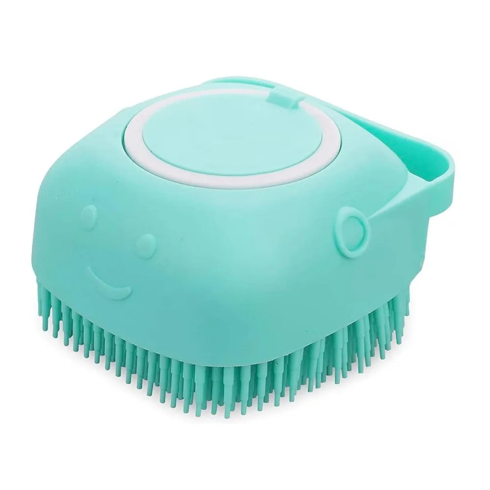 Turquoise silicone pet shampoo bath brush with soft grooming bristles and built-in shampoo dispenser