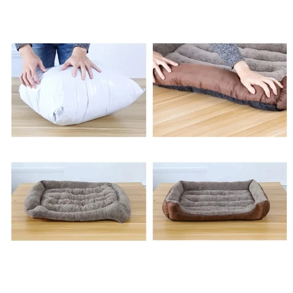 Plush bolster dog bed shown expanding from vacuum-packed packaging into its full cushioned shape