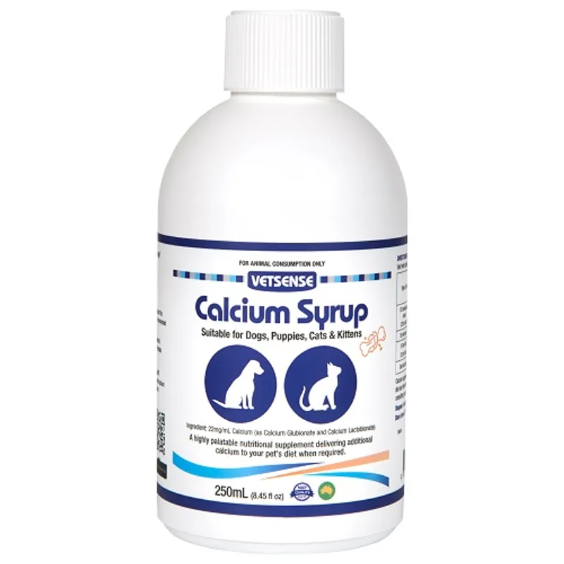 Vetsense Calcium Syrup 250mL nutritional supplement for dogs, puppies, cats and kittens