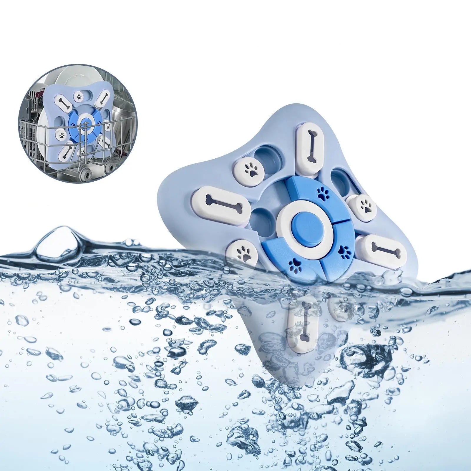Blue interactive dog puzzle treat toy shown in water with a dishwasher cleaning inset