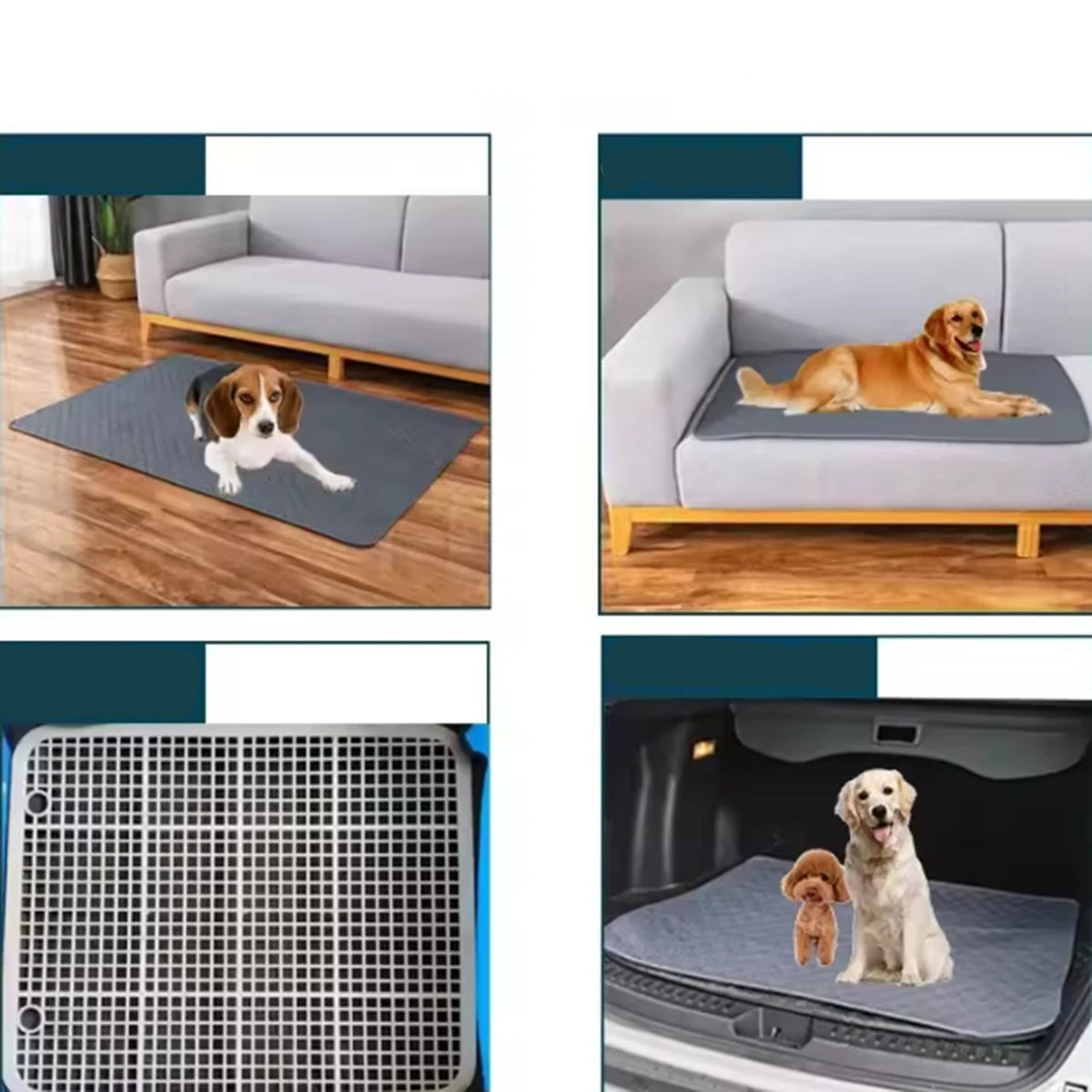 Grey quilted dog bed mat with cartoon dog and bone pattern, padded surface and rounded corners