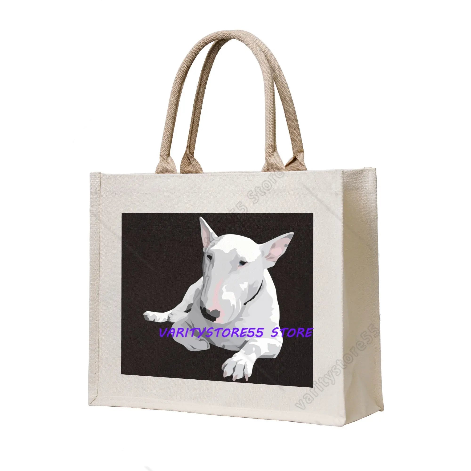 Cream canvas tote bag featuring a white Bull Terrier portrait on a dark background