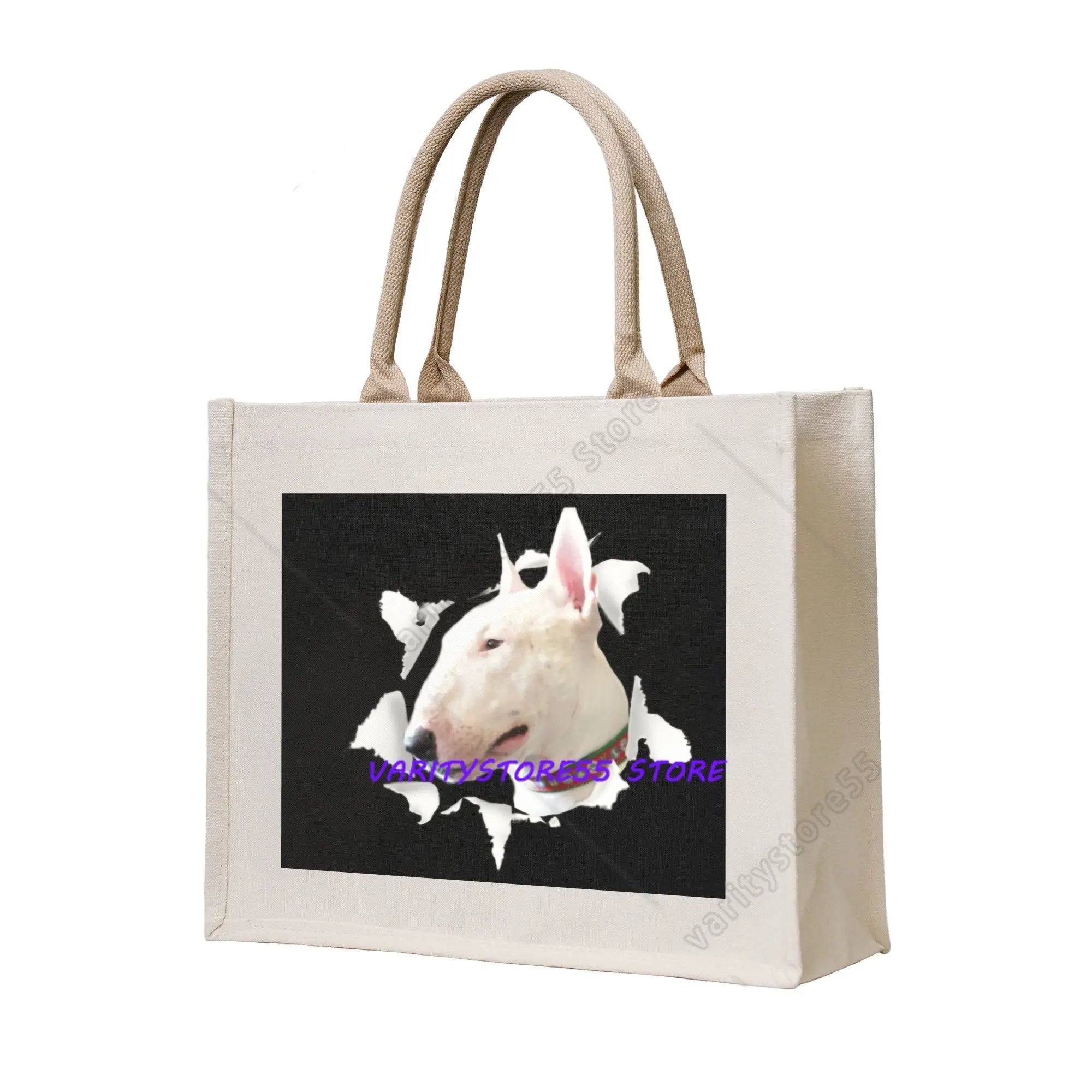 Cream canvas tote bag featuring a white Bull Terrier portrait on a black graphic background