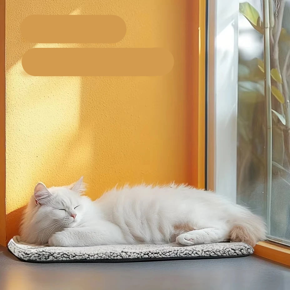 White cat sleeping on a soft self-warming pet mat beside a sunny window