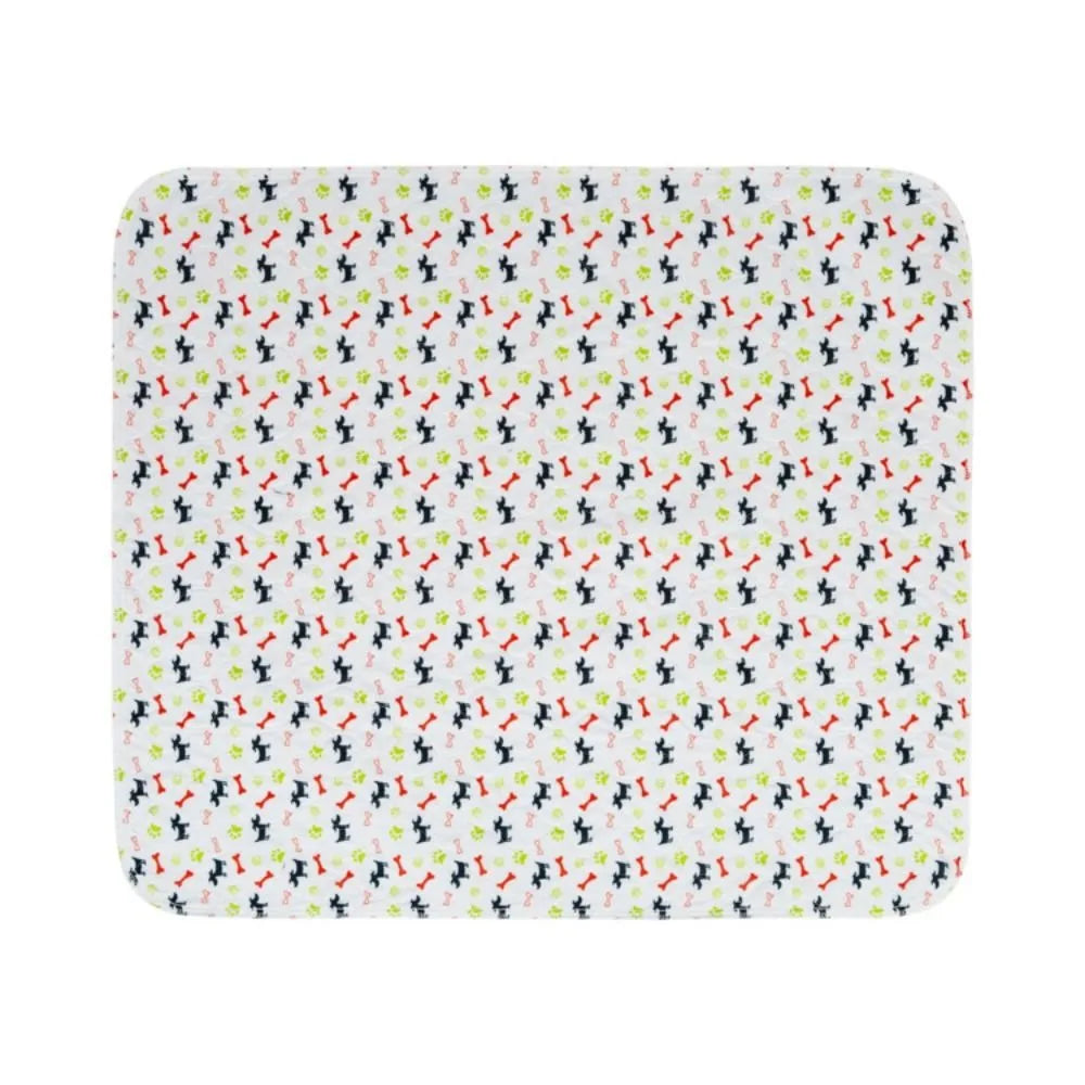 White rectangular dog bed mat with colourful dog, bone and paw print pattern