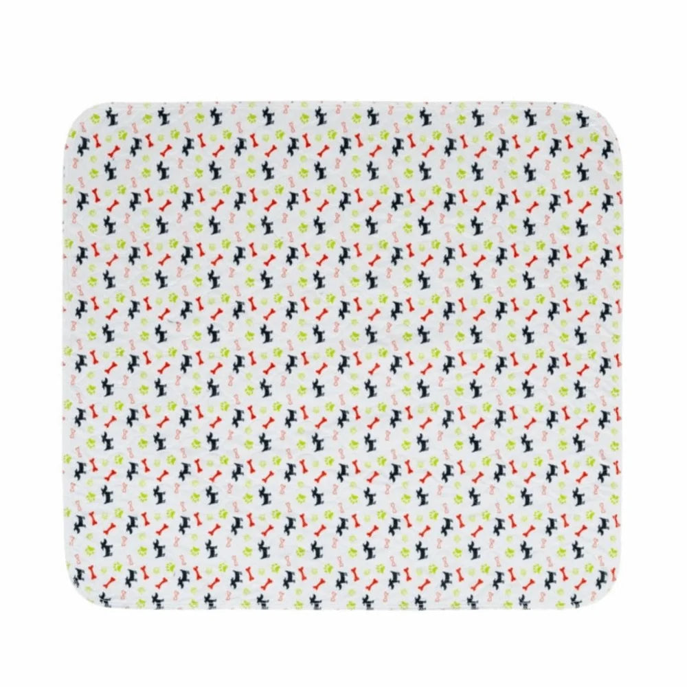 White rectangular dog bed mat with colourful dog, bone and paw print pattern