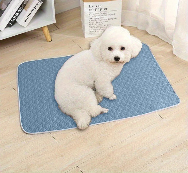 White dog sitting on a blue quilted pet cooling mat on a wooden floor