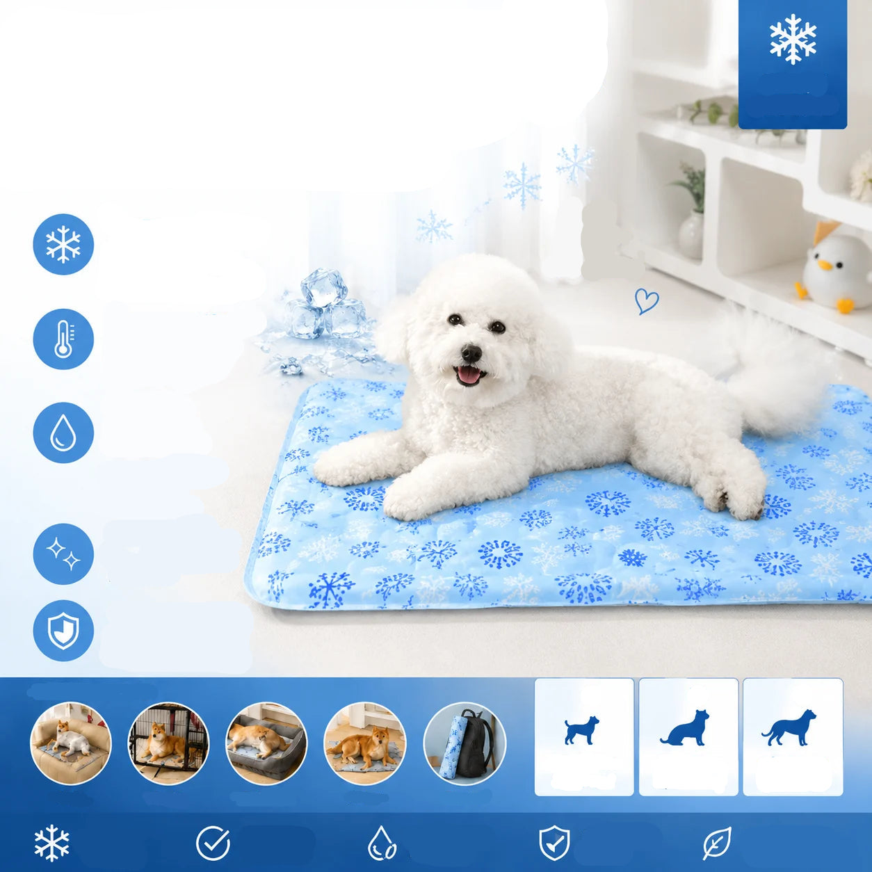 White dog lying on a blue snowflake pet cooling mat with cooling feature icons and pet size suitability graphics