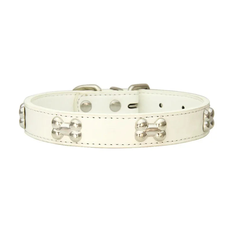 White dog collar with silver bone-shaped studs and adjustable buckle fastening