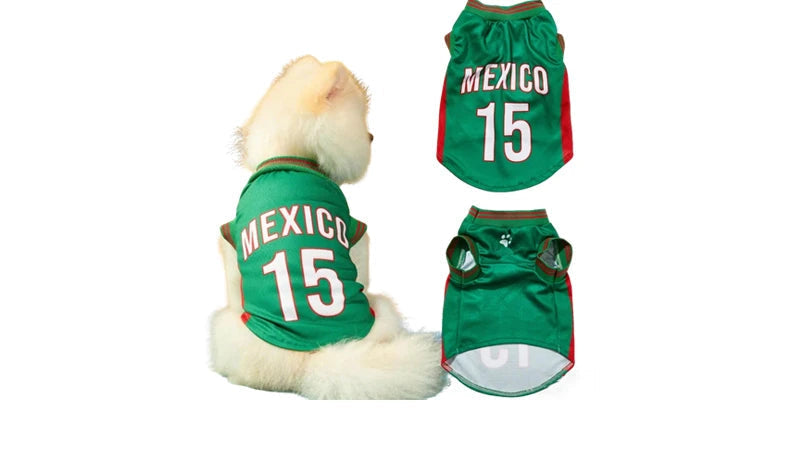 White dog wearing a green Mexico soccer jersey with number 15, shown beside front and back jersey views