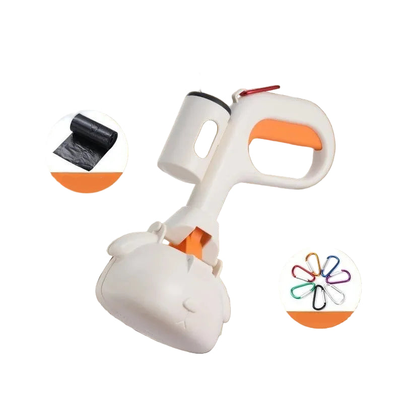 White and orange dog poop bag dispenser with waste bags and colourful carabiner clips