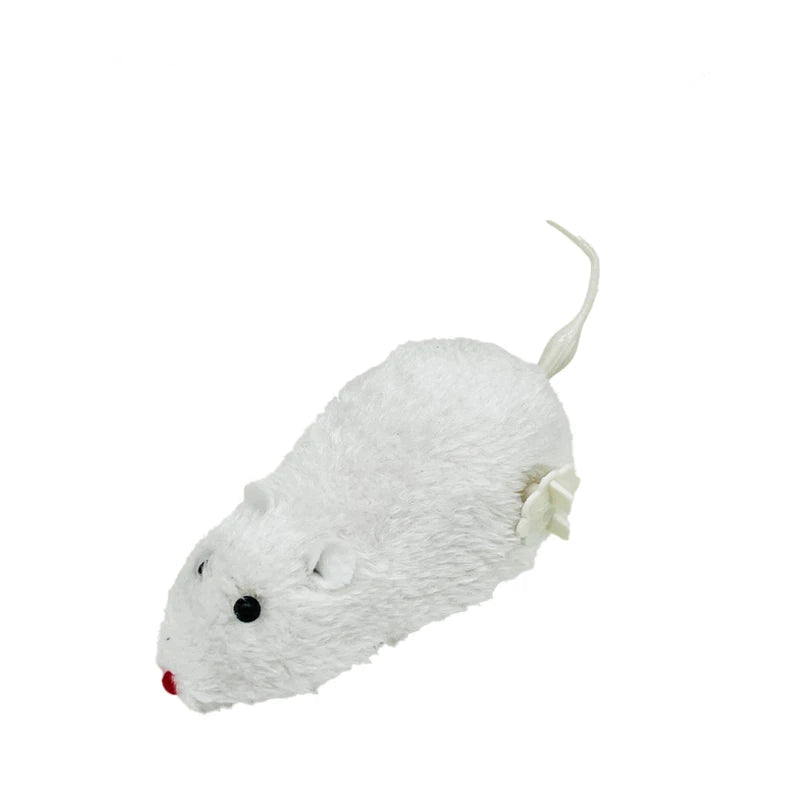 White plush wind-up mouse cat toy with tail, black eyes and winding key