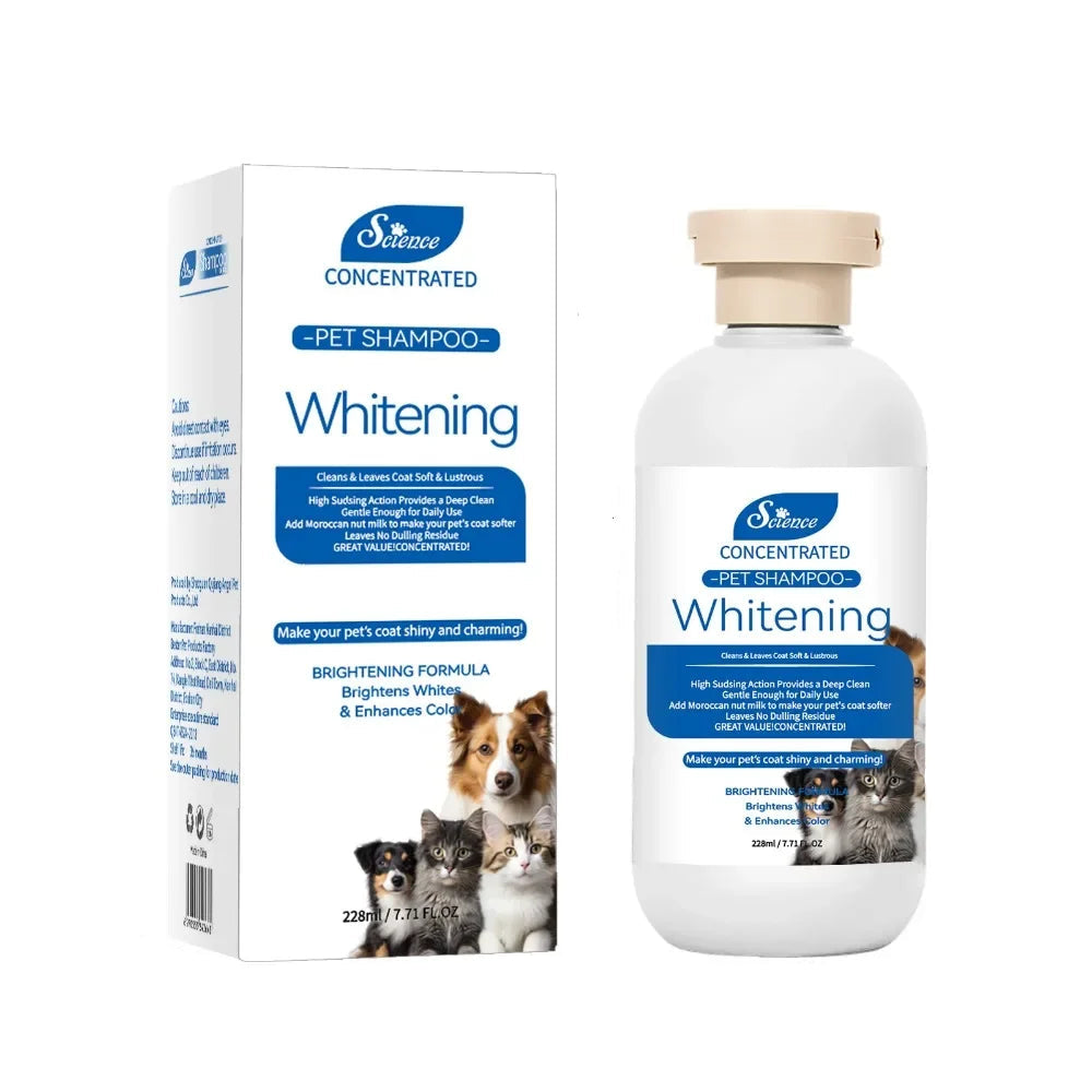 Whitening pet shampoo for dogs and cats in 228ml bottle with product box, formulated to brighten white coats and enhance colour