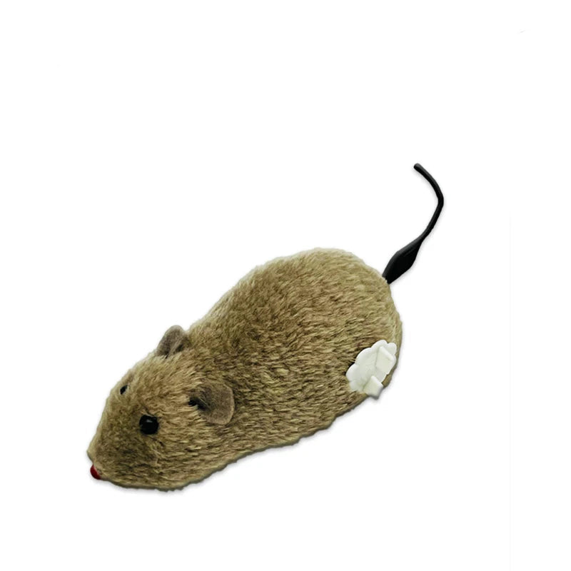 Brown plush wind-up mouse cat toy with black tail and white winding key