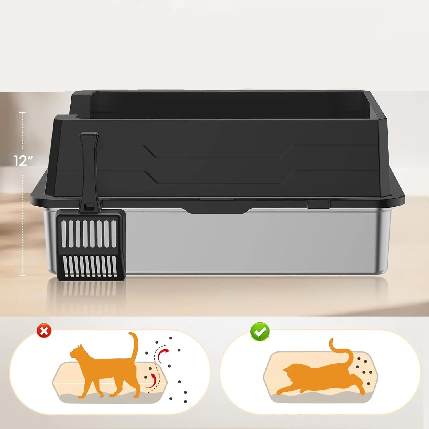 XXXL stainless steel cat litter box with high sides, low front entry and side-mounted litter scoop