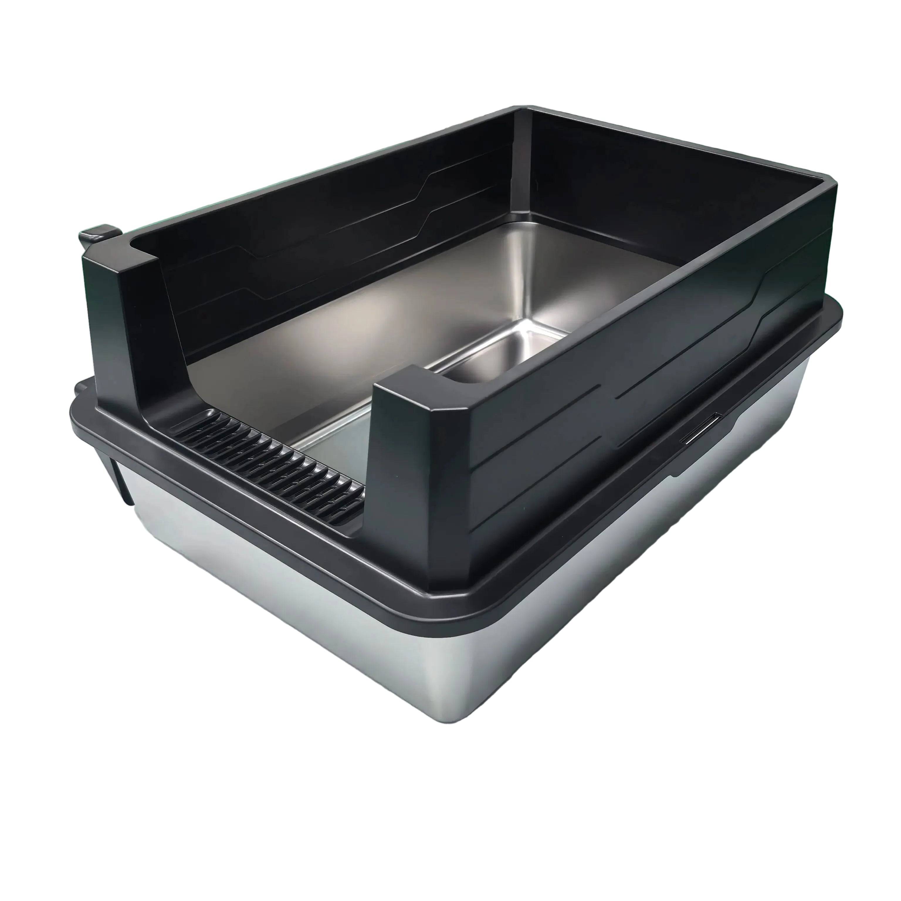 XXXL stainless steel cat litter box with black high sides, low front entry and open-top design