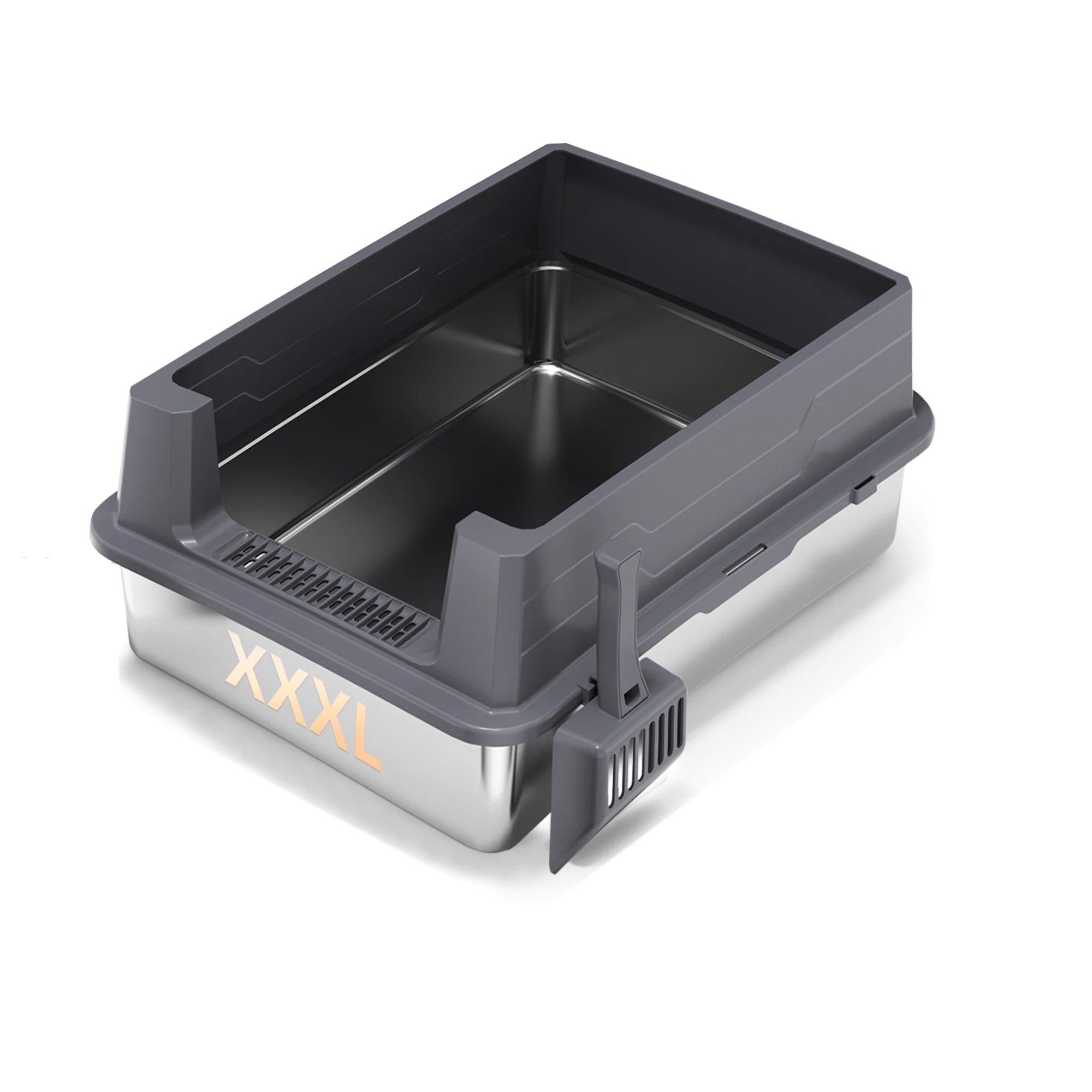 XXXL stainless steel cat litter box with high sides, low front entry and side-mounted litter scoop
