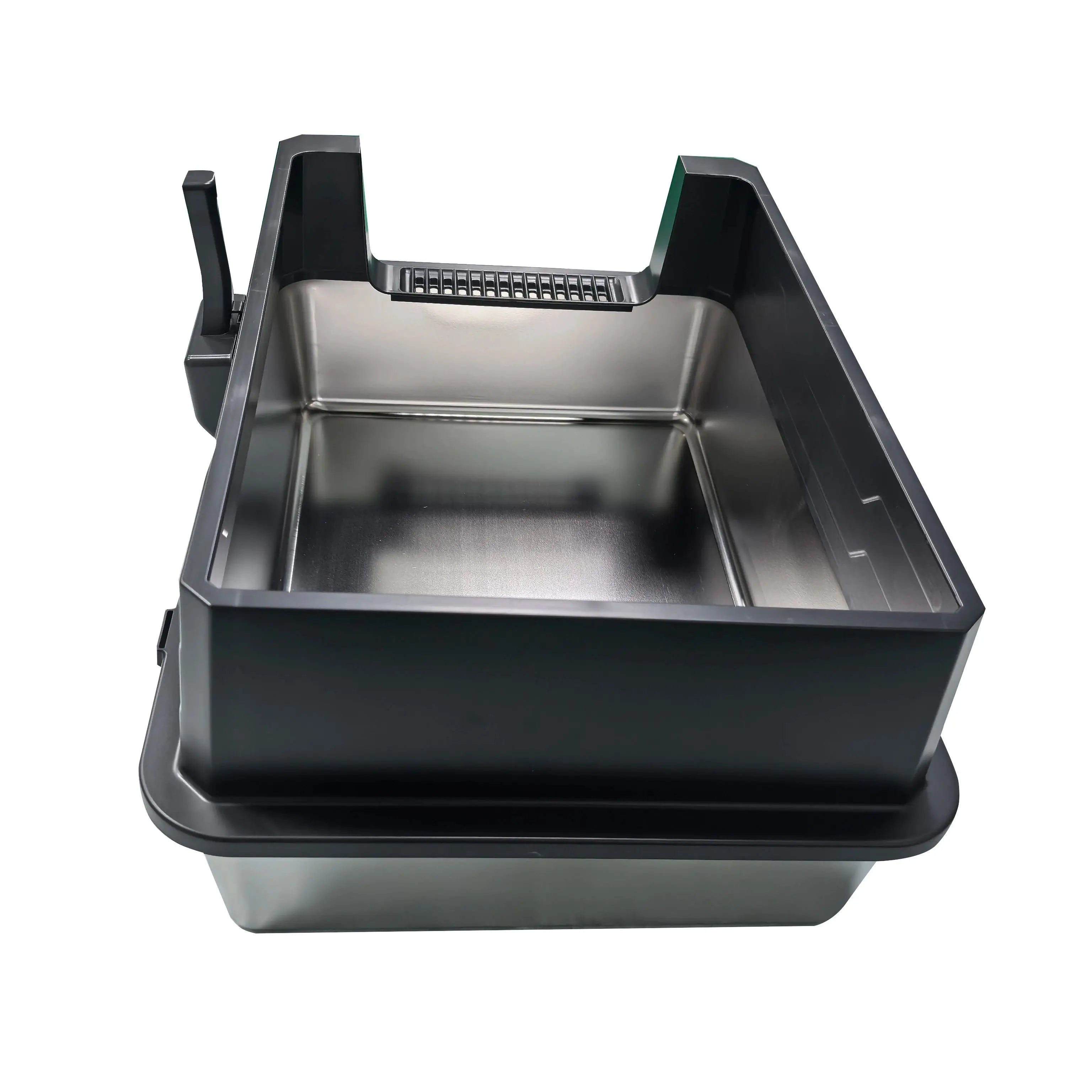 XXXL stainless steel cat litter box with high black walls, low entry and side-mounted litter scoop