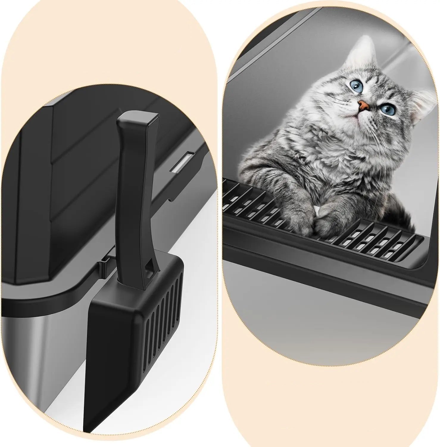 XXXL stainless steel cat litter box with high sides, grated front entry and side-mounted litter scoop holder