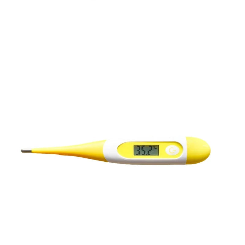 Yellow and white digital pet thermometer with LCD temperature display, power button and metal probe tip