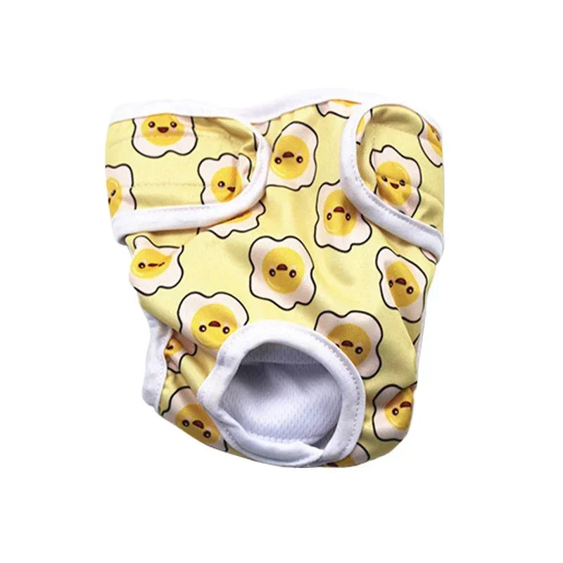Yellow reusable female dog diaper with fried egg print, tail hole and adjustable hook-and-loop fastening