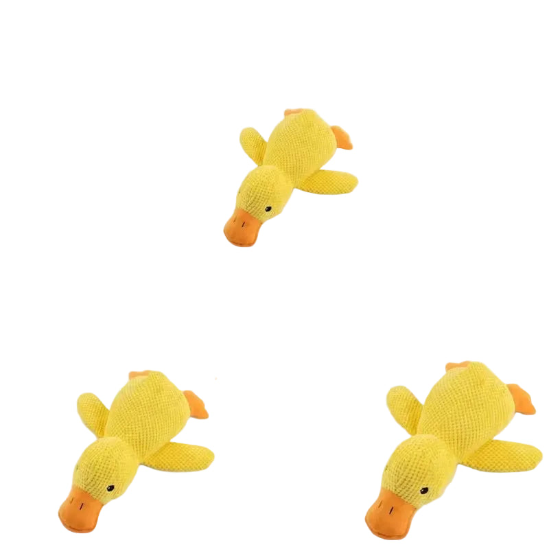 Yellow plush duck dog toy shown in multiple sizes with textured fabric and orange beak