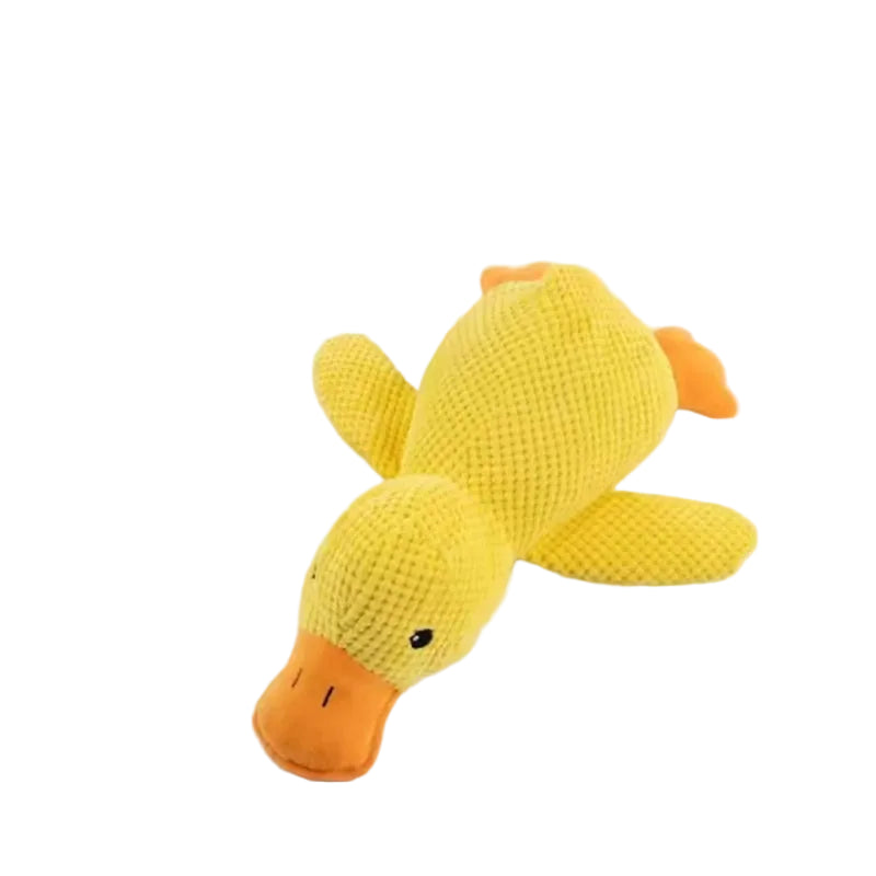 Yellow plush duck dog toy with soft textured fabric, orange beak and stuffed body