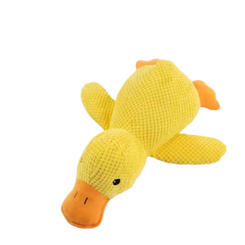 Yellow plush duck dog toy with textured fabric, orange beak and soft stuffed body