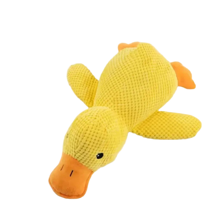 Yellow plush duck dog toy with textured fabric, orange beak and soft stuffed body