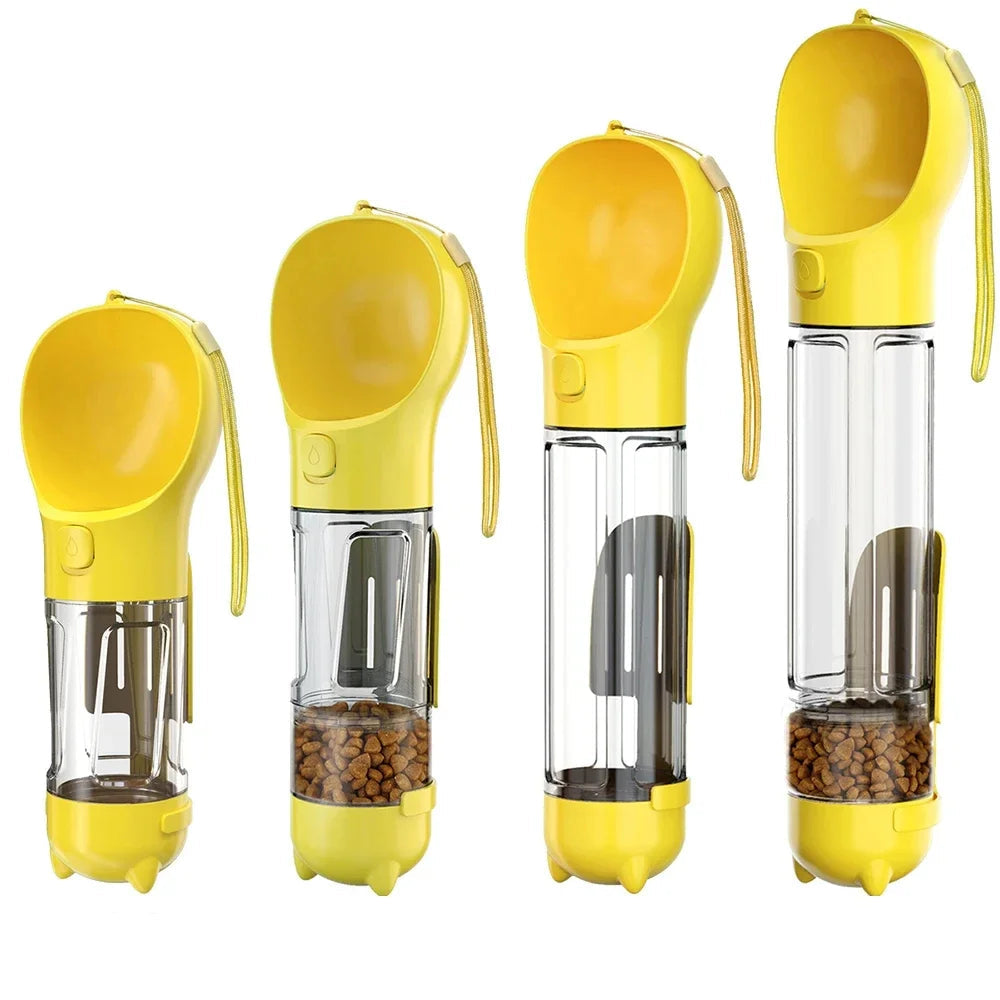 Yellow portable dog water and food dispenser shown in multiple views with built-in drinking bowl, clear storage chamber and dry food compartment