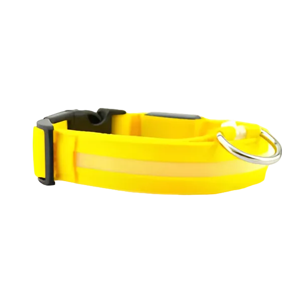 Yellow reflective dog collar with adjustable buckle and metal D-ring for leash attachment