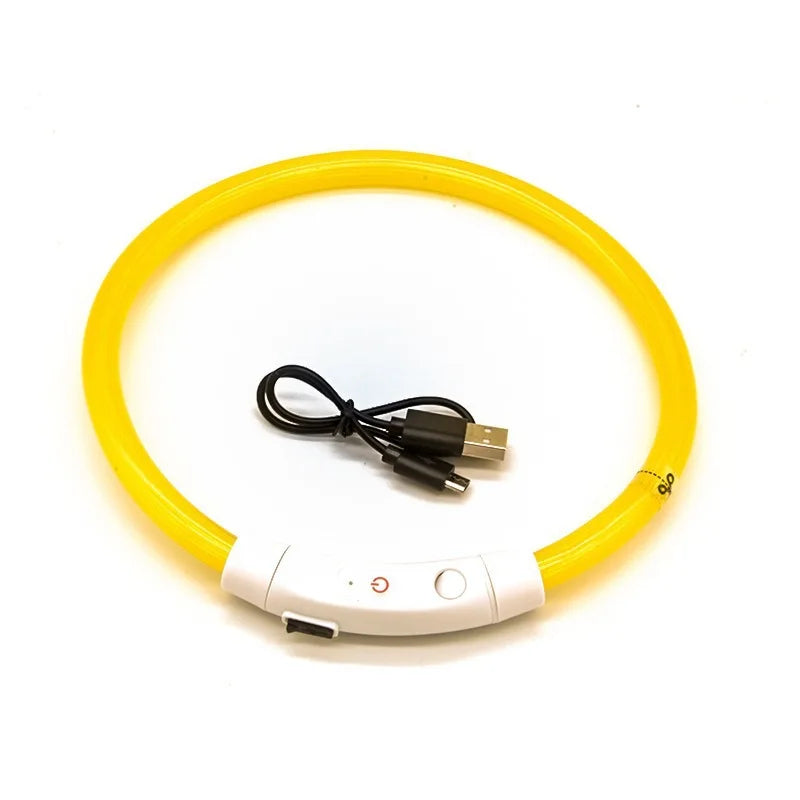 Yellow USB rechargeable LED dog collar with illuminated tube, power switch and charging cable