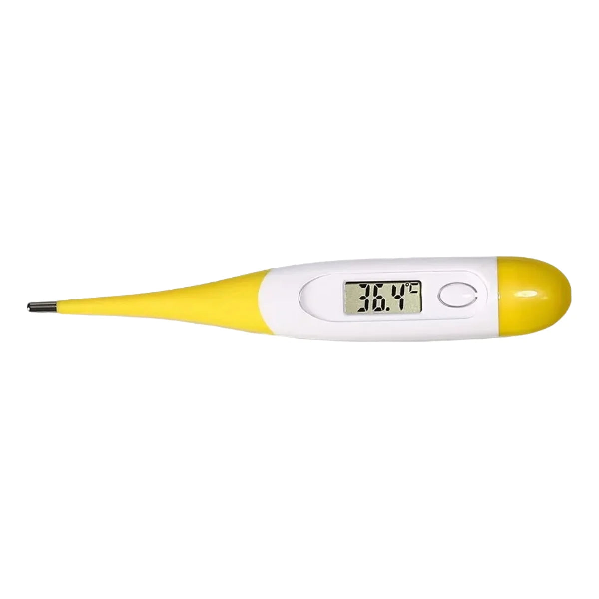 Yellow and white digital pet thermometer with LCD temperature display, power button and metal probe tip