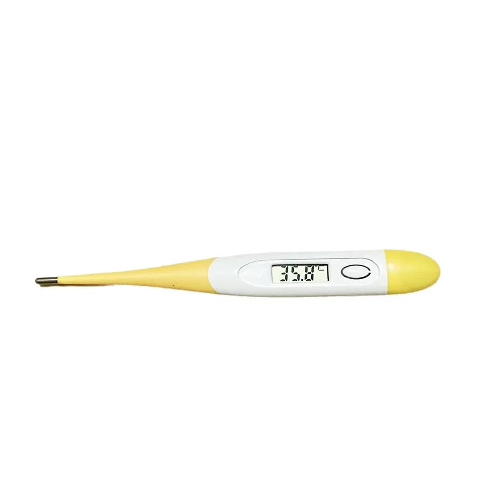 Yellow and white digital pet thermometer with LCD temperature display, power button and metal probe tip